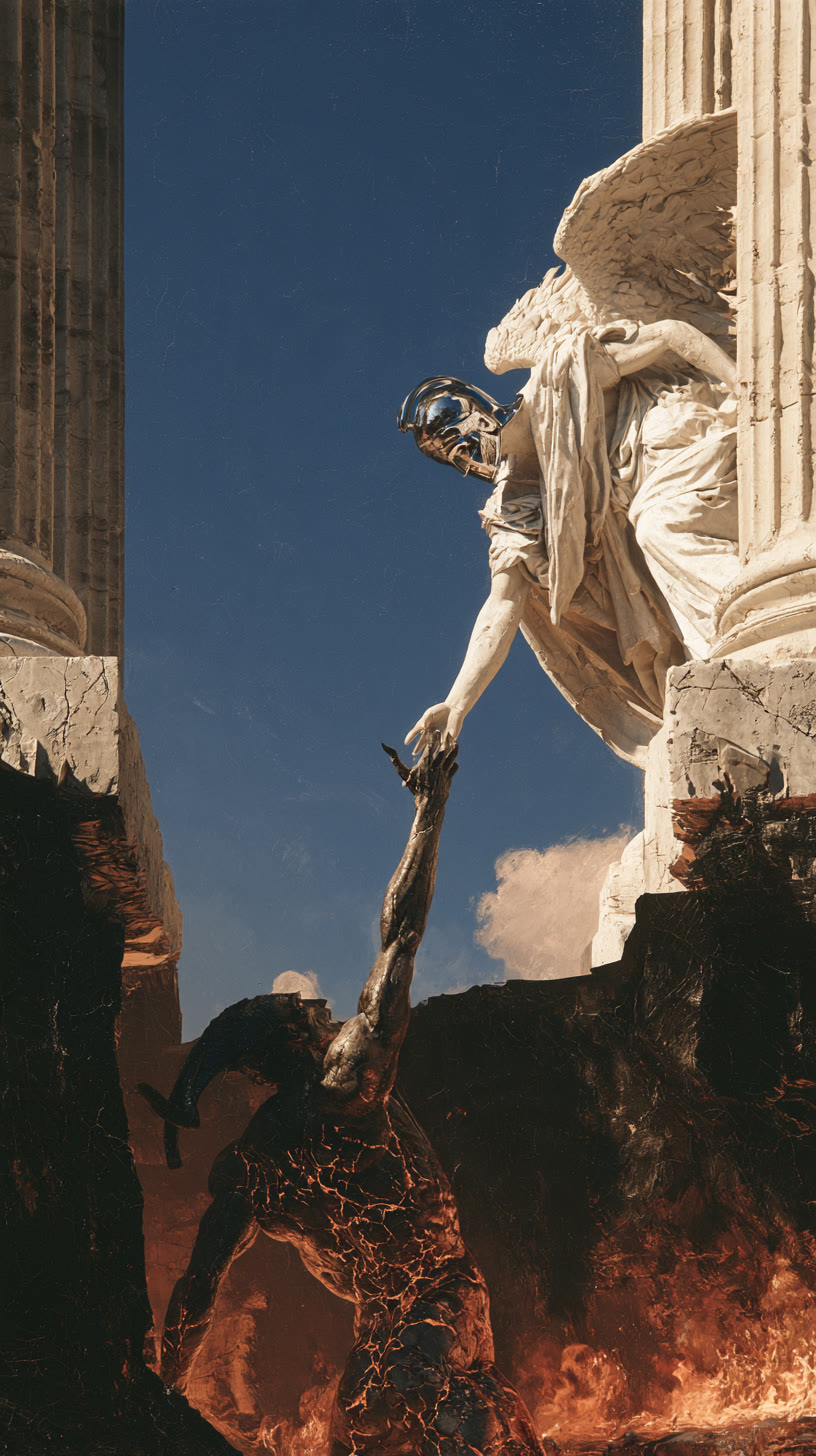 A marble angel reaching down to a demon in fire