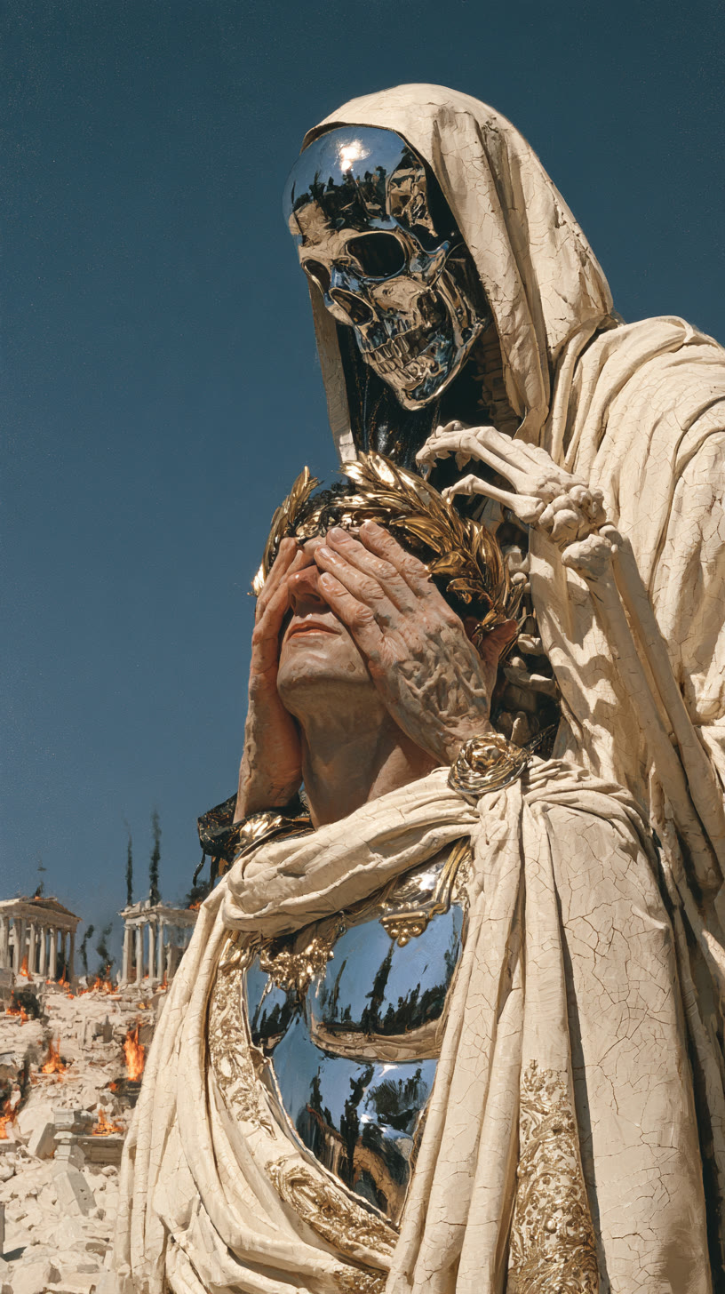 Chrome skull death figure crowning a king