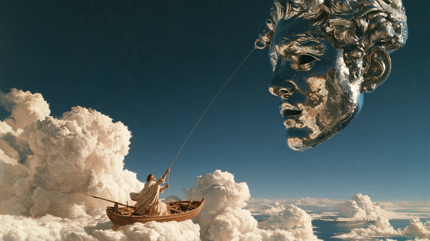 A fisherman in a boat on the clouds hooking a giant chrome head