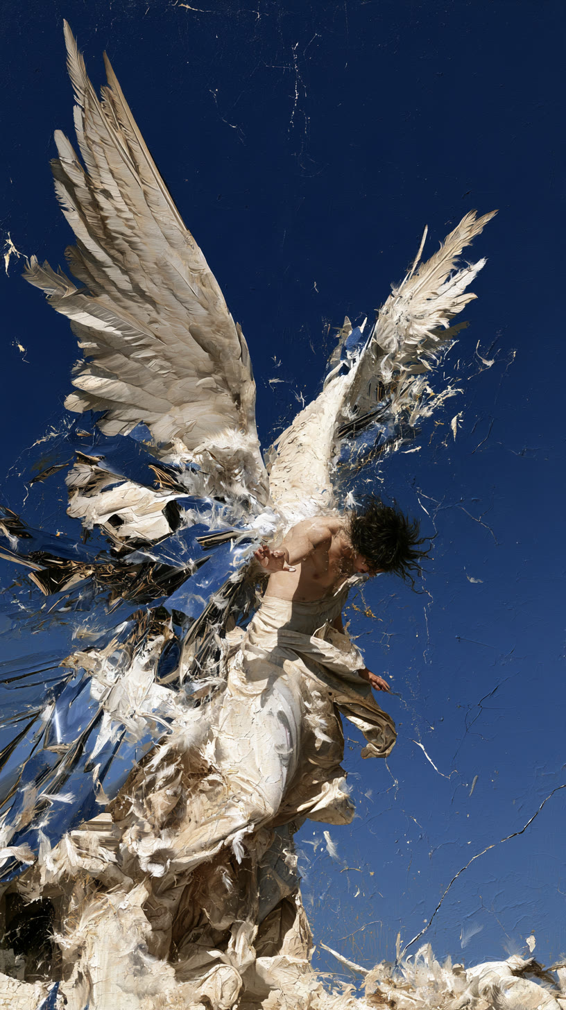 Icarus shattering mid-fall against a blue sky