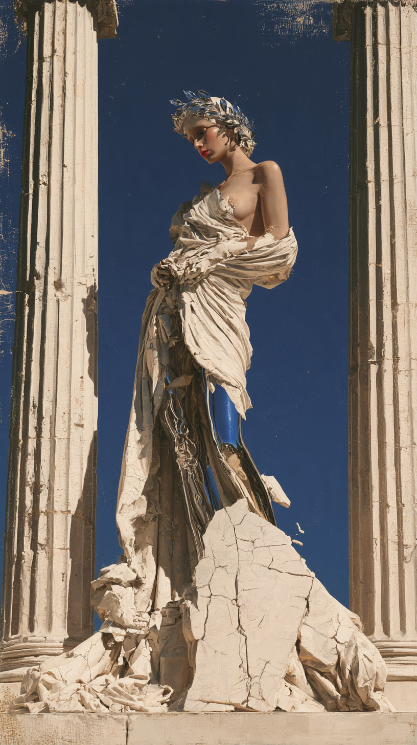 Marble-skinned goddess standing on rock