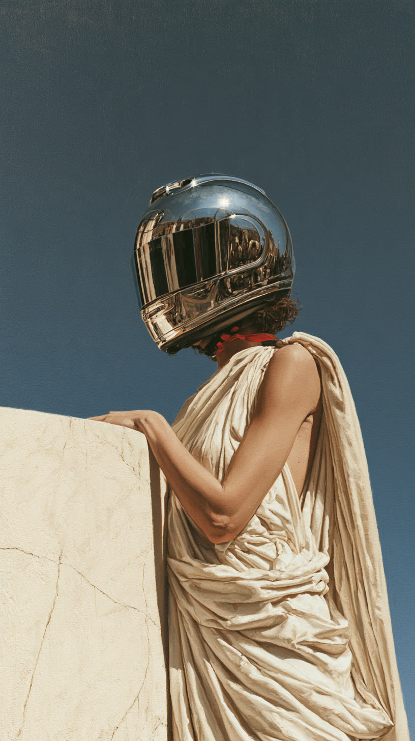 Woman in a toga wearing a chrome helmet