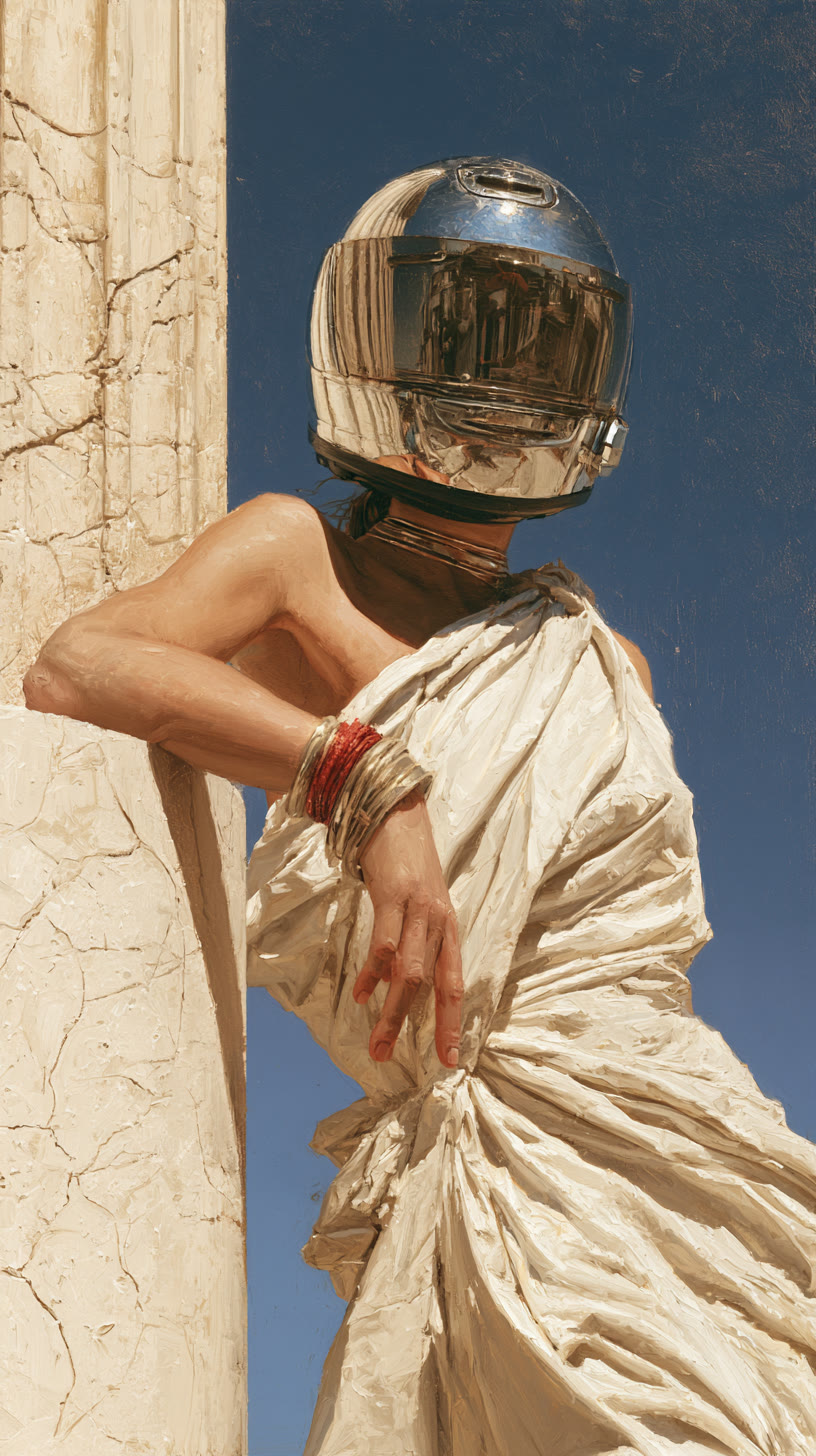 Woman in a toga with a chrome helmet leaning on a column