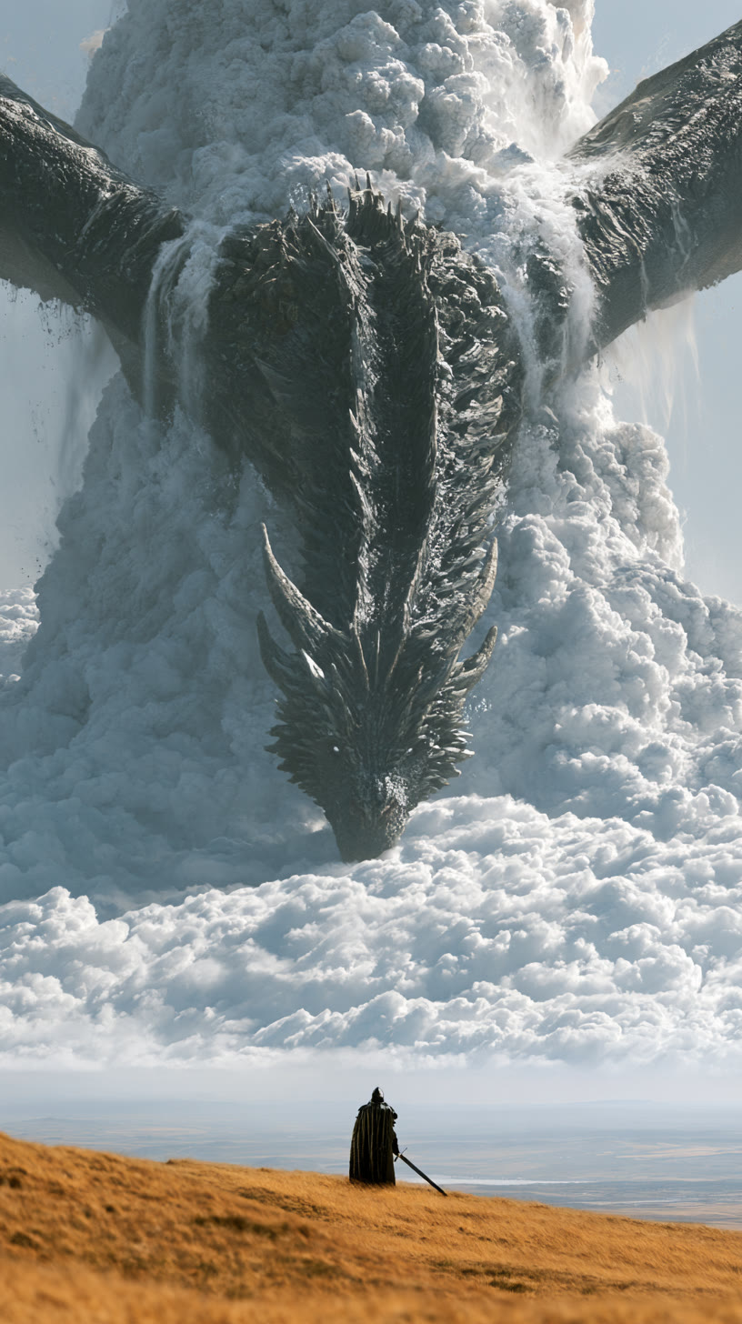 A dragon descends from a cloud wall toward a knight